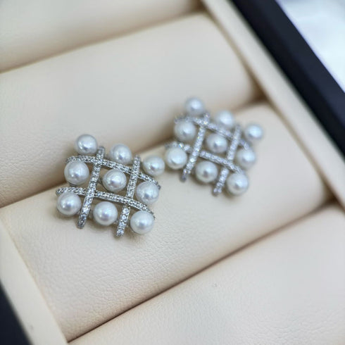 Radiant Grid Pearl Stud Earrings - Sterling Silver